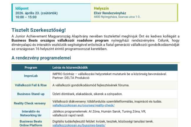 Vállalkozói roadshow érkezik Nyíregyházára – élményprogram erősíti a közösséget
