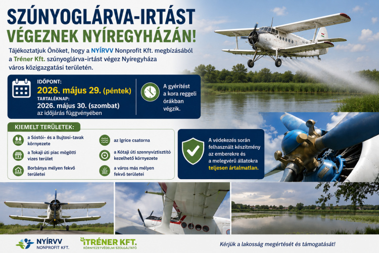 Szúnyoglárva-irtást végeznek Nyíregyházán pénteken