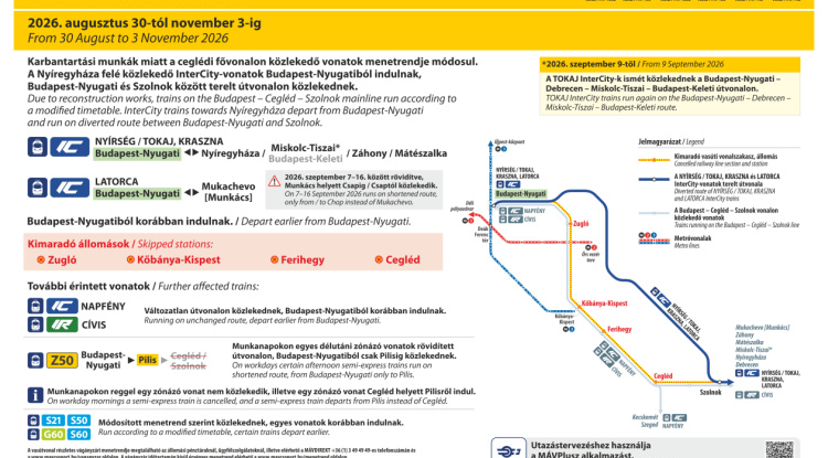 Változik a vonatok menetrendje – A Nyírség és a Tokaj InterCity járatait is érinti az őszi pályakarbantartás